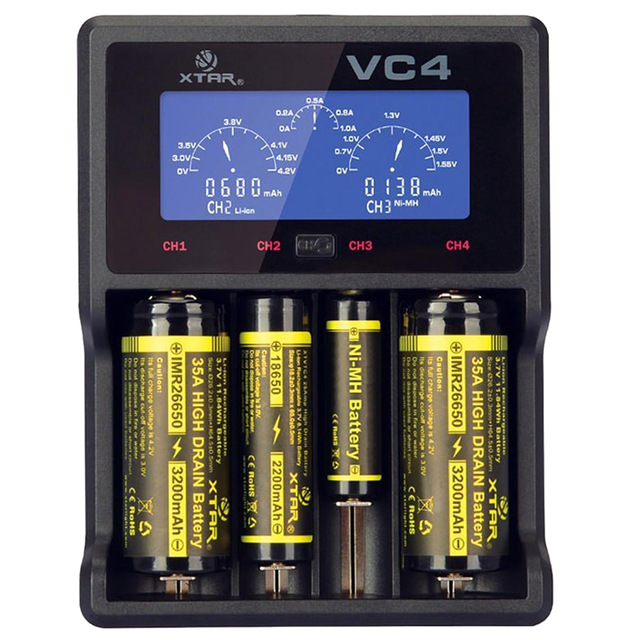 XTAR VC4 4-Slot Smart LCD USB Charger 18650 26650 AA AAA C D Li-ion NiMH analyser