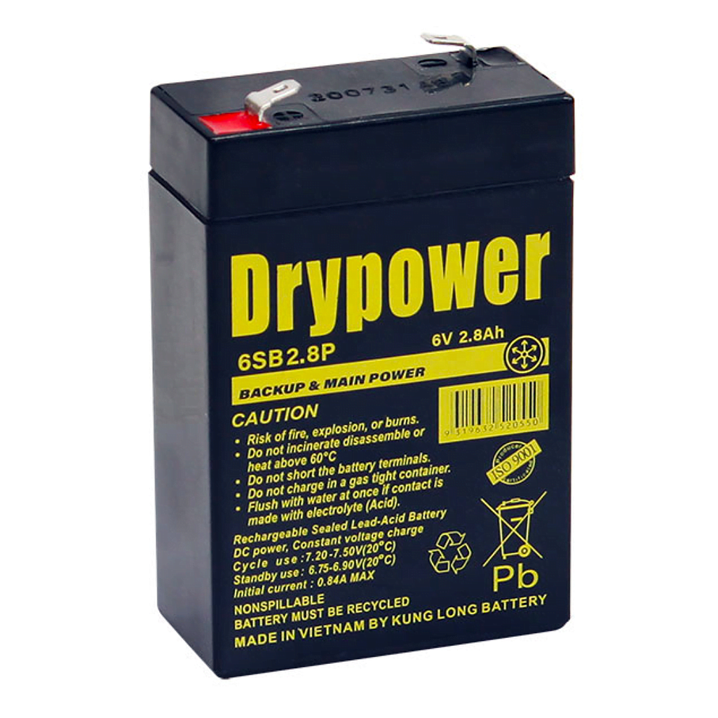 Drypower 6V 2.8Ah Sealed Lead Acid VRLA AGM Battery for Backup & Main Power