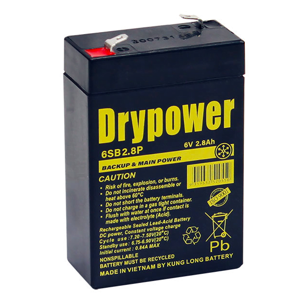 Drypower 6V 2.8Ah Sealed Lead Acid VRLA AGM Battery for Backup & Main Power 6SB2.8P